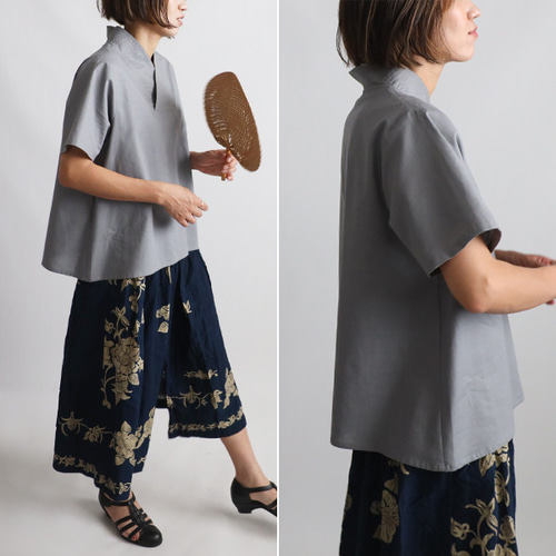 新作　夏ＳＡＬＥ 上質ギマ擬麻コットン　和装　重ね襟　Vネック　プル オーバー シャツ　半袖シャツ　トップス　ブラック　F24B 新作 夏SALE 上質ギマ擬麻コットン 和装 重ね襟 Vネック