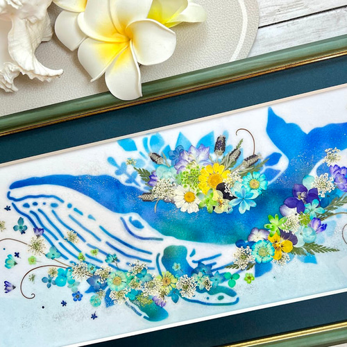 南国の海を悠々と泳クジラさん 押し花アート額 その他アート 神戸六甲