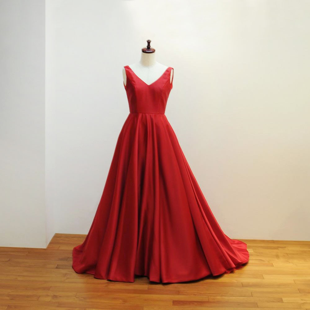 カラードレス 赤色（レッド）系 Vネックの Aラインドレス パーティー 演奏会 演劇 フォトウエディング [Z046]