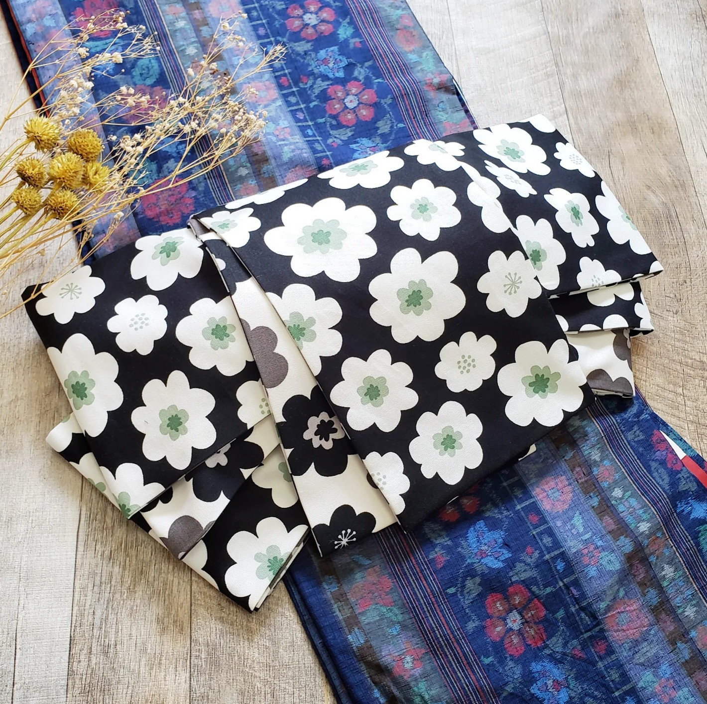 【半幅帯】北欧ボタニカル2wayリバーシブル/ 着物 和装 花柄 帯 白 黒