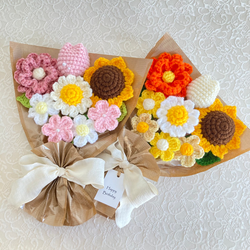 毛糸 花束 手編み ひまわり  W70 母の日花インテリア  誕生日 プレゼント ひまわり好きのあなたへ贈る手編みの花束 毛糸 かぎ針編み かぎ編み