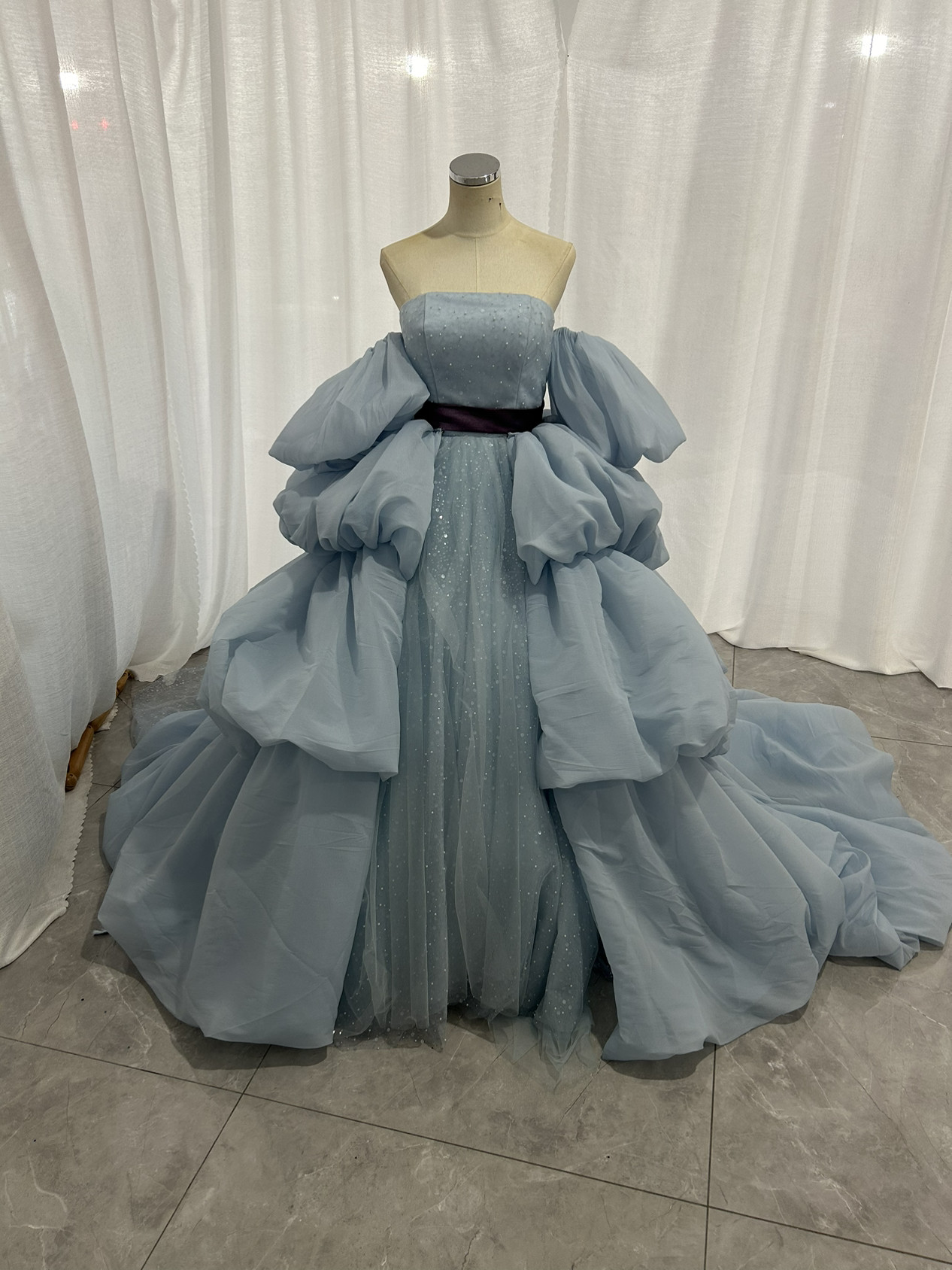 3waysカラードレス  ブルーグレーキラキラチュール　ふわふわオーバースカート　サッシュベルト　結婚式　披露宴