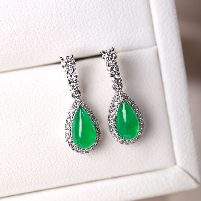 [ヘイズジュエリー] 翡翠ウォータードロップシリーズ 18Kホワイトゴールド 天然翡翠ダイヤモンドイヤリング ミャンマー産 A級