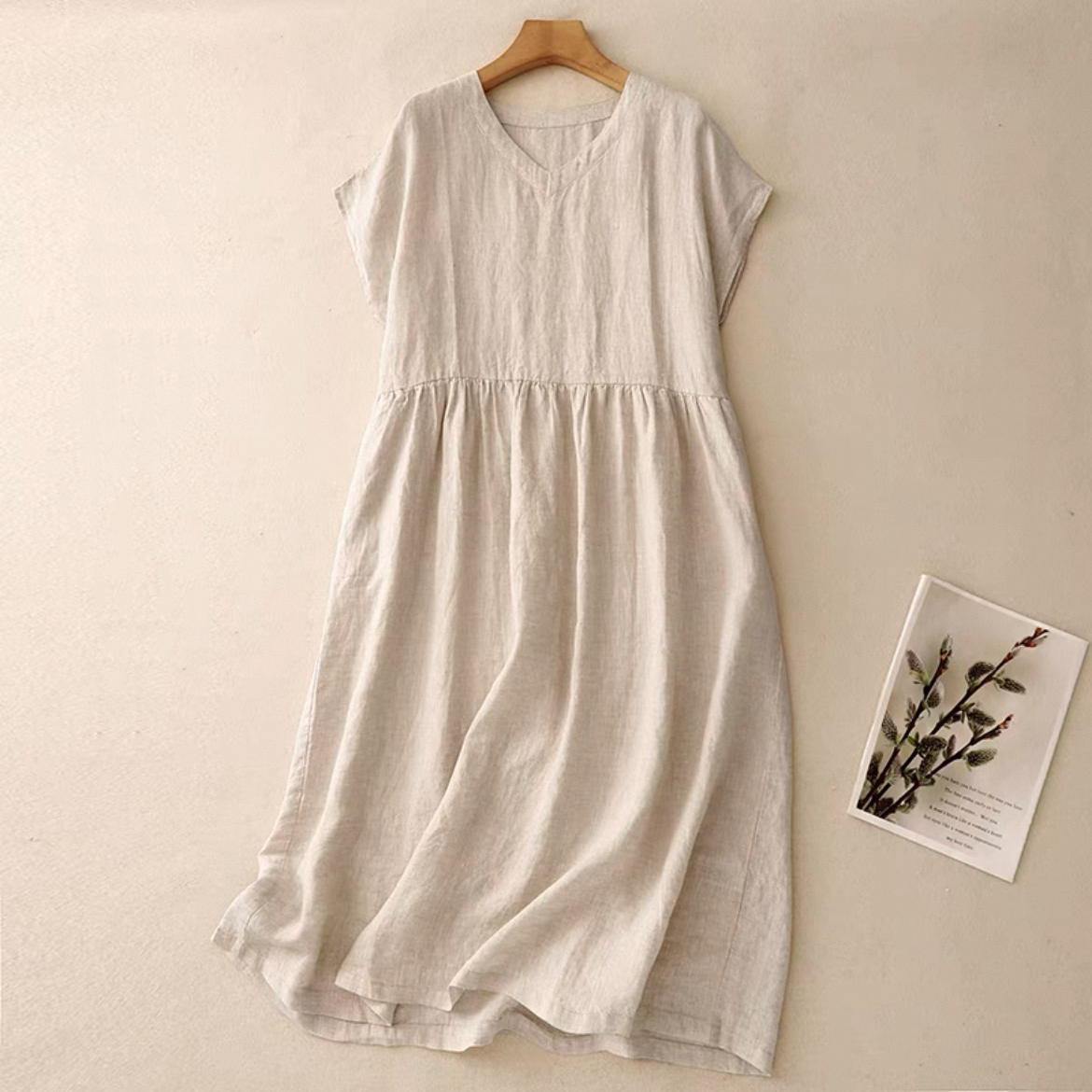 無地ワンピース、コットンリネン（綿麻）ワンピース、レディースワンピース、夏のワンピース