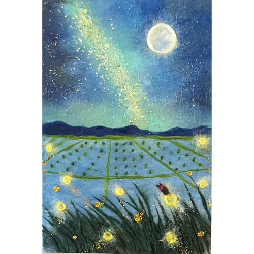 原画マット紙付額付】和紙ちぎり絵「月満ちて蛍揺れる」光のアート｜和