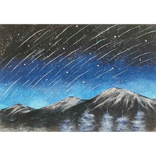 原画】和紙ちぎり絵「流星群」星空のアート｜優しいラメの輝き・和