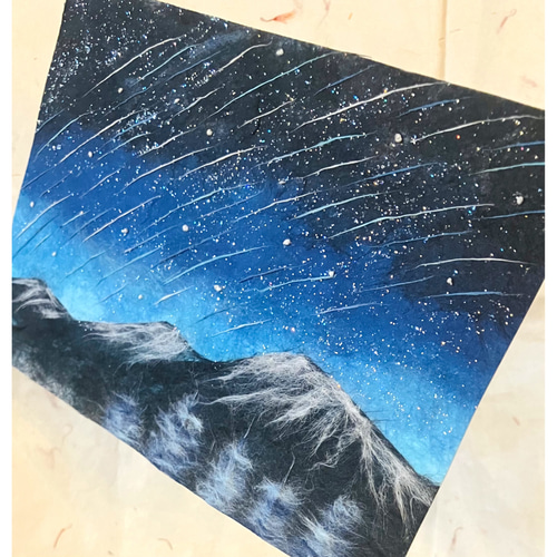 原画】和紙ちぎり絵「流星群」星空のアート｜優しいラメの輝き・和