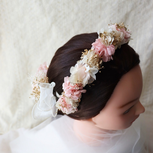 お花のカチューシ くすみピンク ゴールド 成人式用髪飾り 卒業式ヘア髪