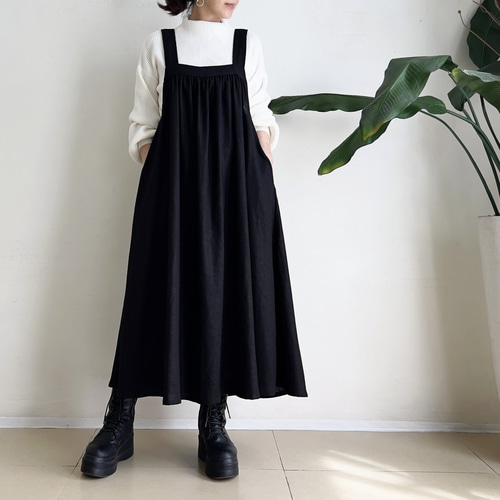 古布大好き♪前開きジャンパースカート① スクエアカットのジャンパースカート * Cotton Linen Black