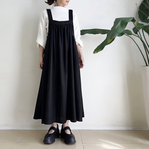 スクエアカットのジャンパースカート * Cotton Linen Black