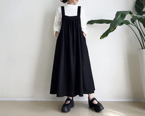 スクエアカットのジャンパースカート * Cotton Linen Black