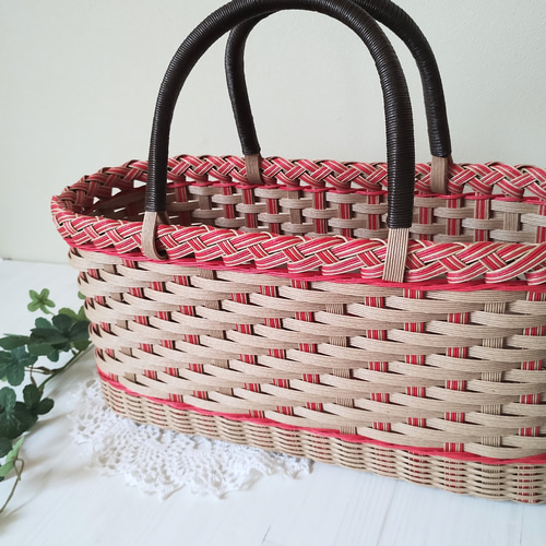 横長 かごバッグ うすちゃ✕レトロレッド バスケット 紙バンド