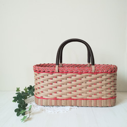 横長 かごバッグ うすちゃ✕レトロレッド バスケット 紙バンド