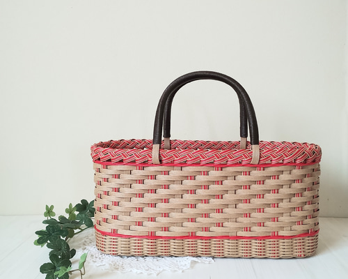 横長 かごバッグ うすちゃ✕レトロレッド バスケット 紙バンド