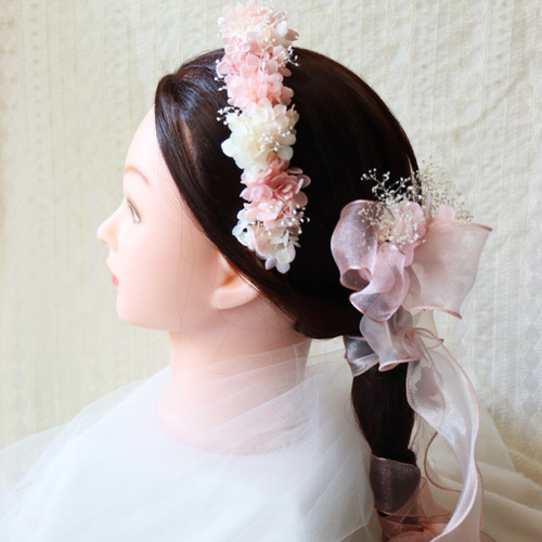 お花のカチューシ くすみピンク ホワイト 成人式用髪飾り ウェディング