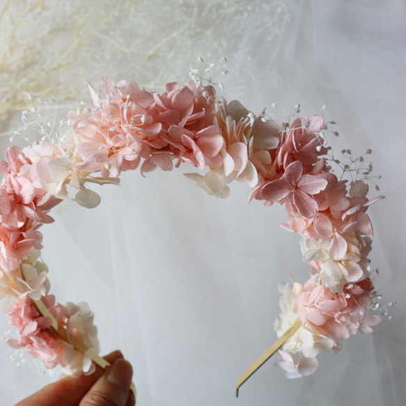 お花のカチューシ くすみピンク ホワイト 成人式用髪飾り ウェディング