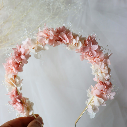 お花のカチューシ くすみピンク ホワイト 成人式用髪飾り ウェディング