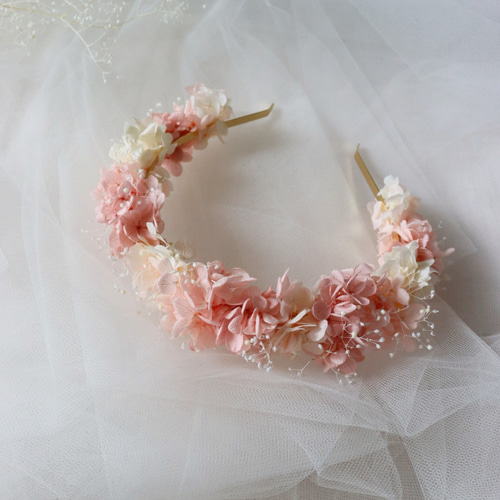 お花のカチューシ くすみピンク ホワイト 成人式用髪飾り ウェディング
