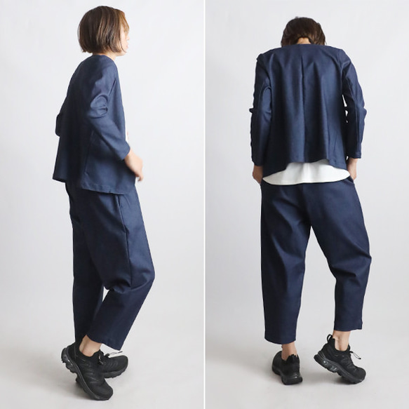 ＊ラスト１　斜横ぐーんと伸びる伸縮ストレッチ生地　上下セットアップ　ノーカラージャケット　 テーパード パンツF27B 4枚目の画像