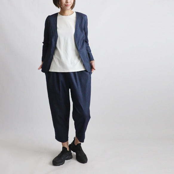 ＊ラスト１　斜横ぐーんと伸びる伸縮ストレッチ生地　上下セットアップ　ノーカラージャケット　 テーパード パンツF27B 2枚目の画像