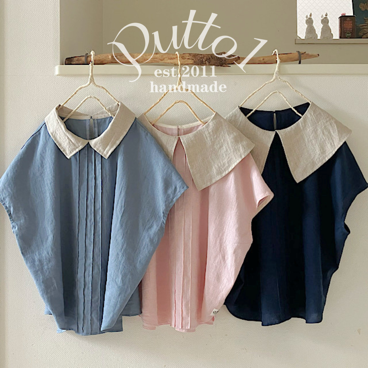 日本/播州織リネン「受注生産」選べる色と襟・くったり柔らかリネンコットンの大襟・ピンタック・フレンチスリーブ　ブラウス 4,838円