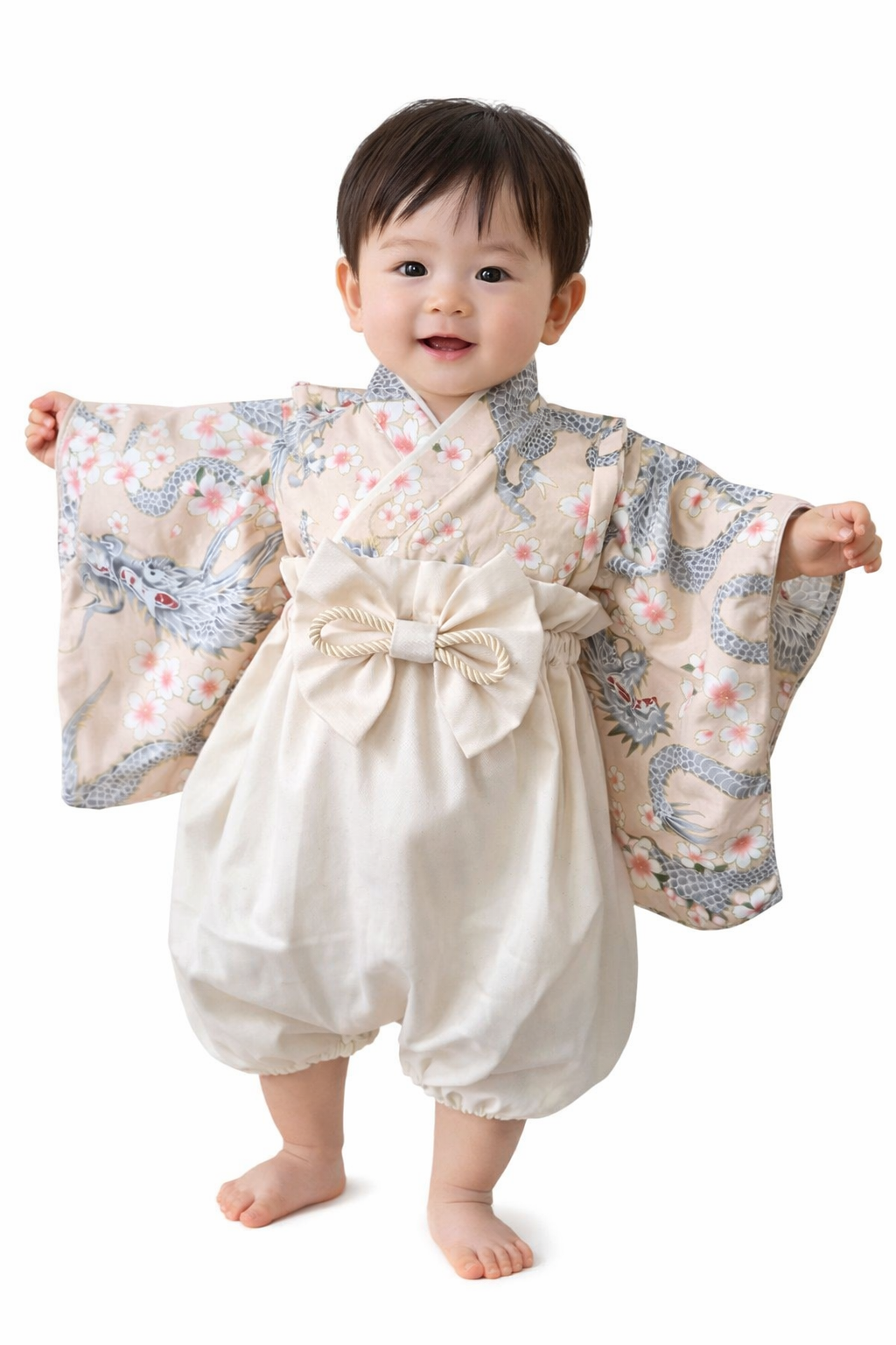 ベビー袴　和柄　龍✕桜✕生成り