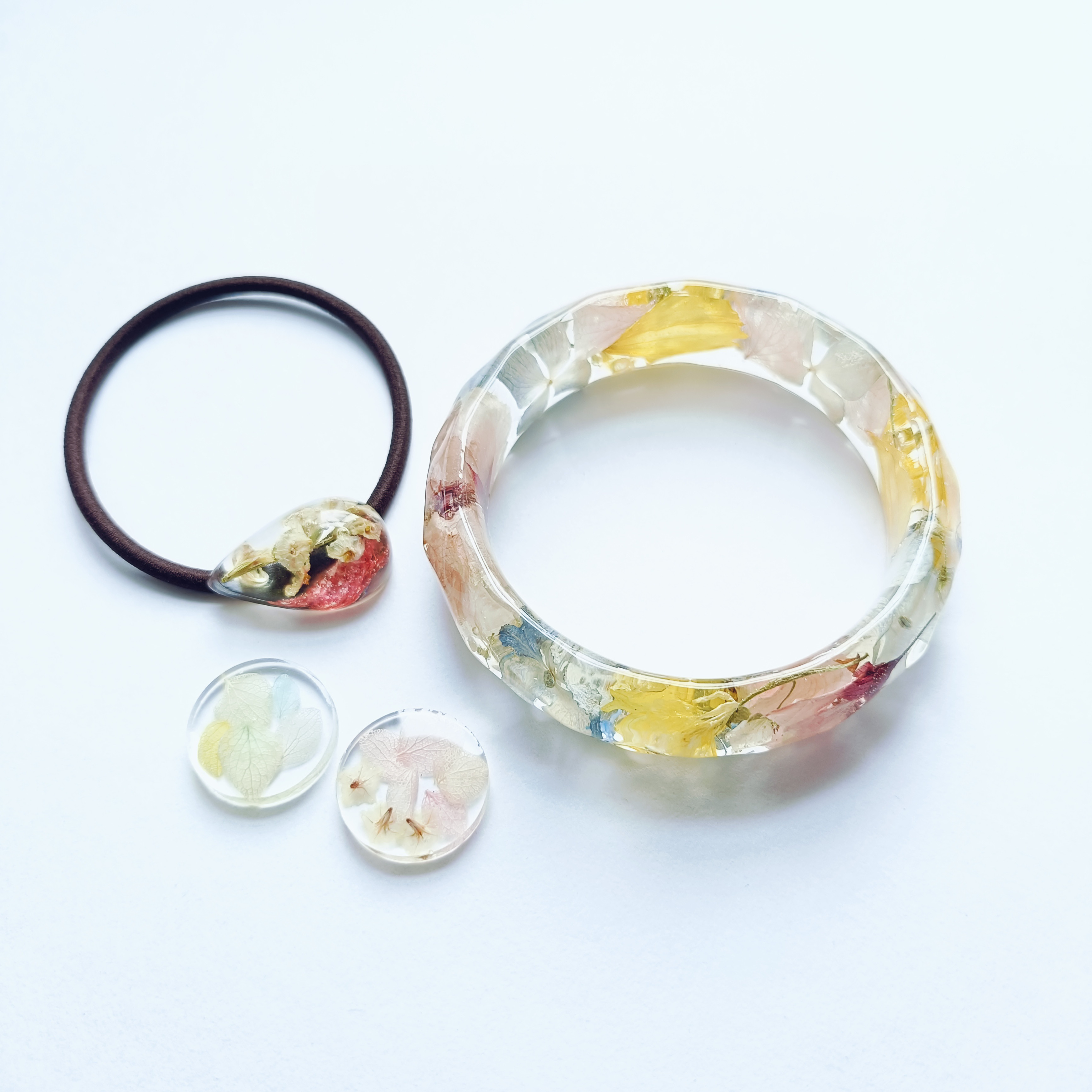 5周記念福袋SALE　〜パステルフラワーアクセサリー3点セット〜　菜の花 紫陽花　桜　クリア　レジン　花　アクリル　雫