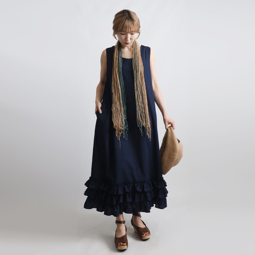 ワンピース ノースリーブ 裾フリル スリット ブルー ロング丈 夏SALE 新作 124cm丈 ギマ擬麻コットン 贅沢裾フリル