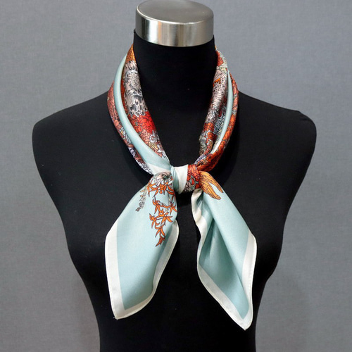 カラフル花と馬デザインのシルクスカーフ 100％シルク 約68cm 大判絹製