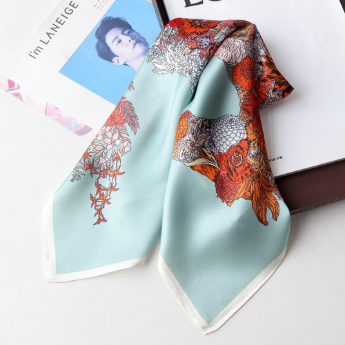 上品♡オーガンジー × レース スカーフ 青 花柄 おしゃれ カラフル花と