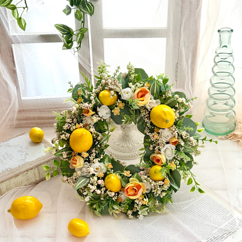 レモンリース 夏リース バラ 爽やか アーティフィシャルフラワー 造花