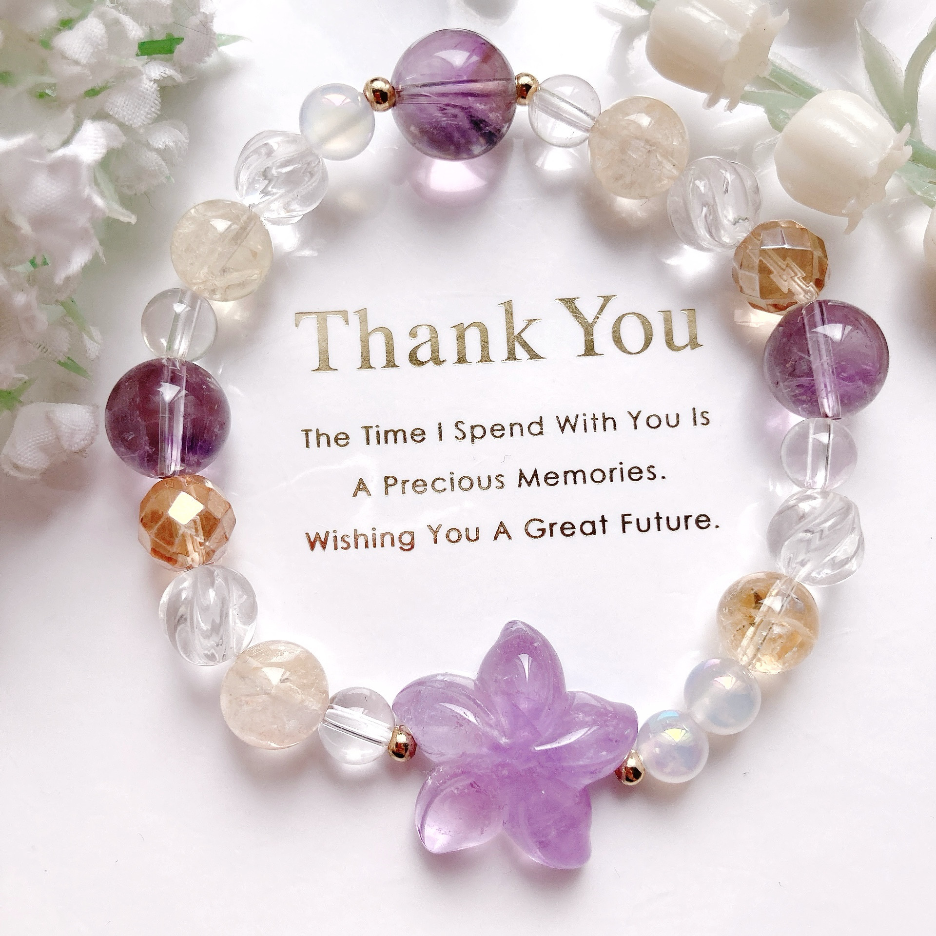 アメジストプルメリアオーバル天然石ブレスレット