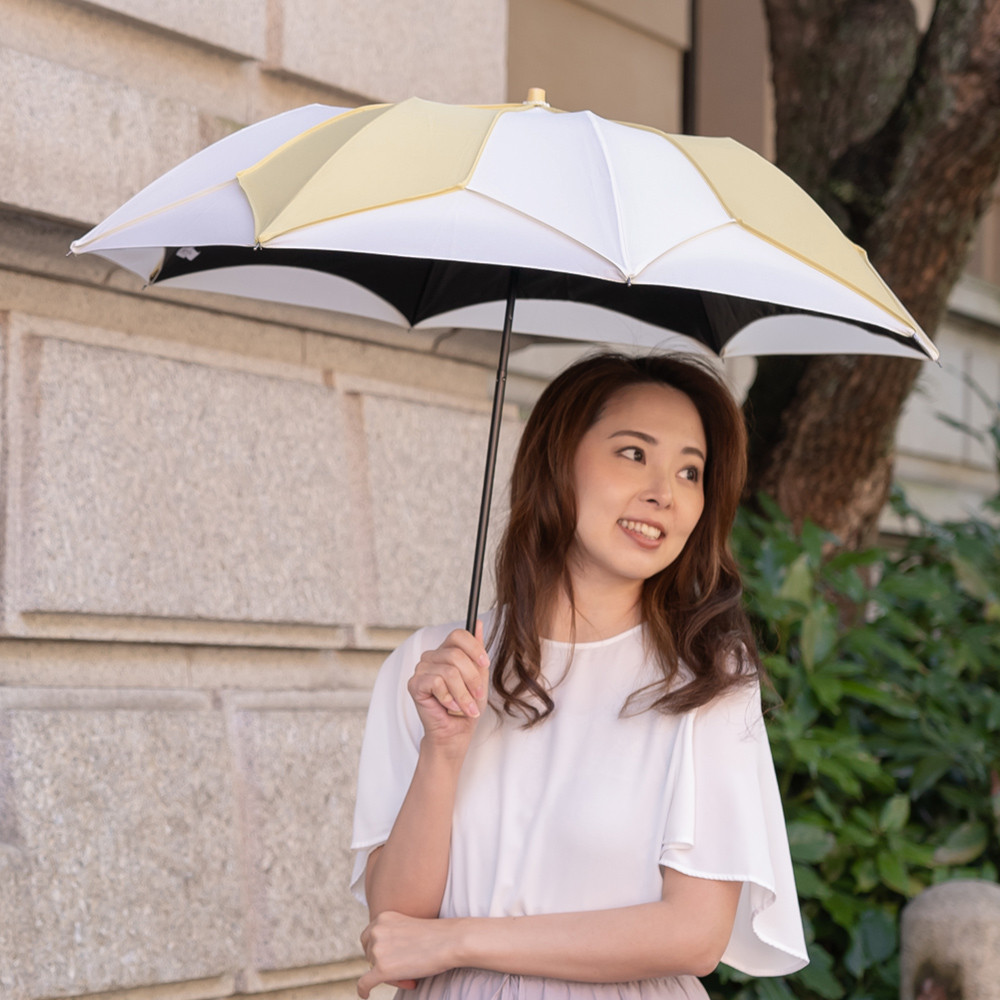 晴雨兼用傘 完全遮光 【逃熱日傘】推しカラー トリコパイピングかわず張りショート折りたたみ日傘　イエロー×ホワイト