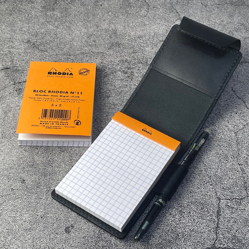 手縫】RHODIA(ロディア) メモ帳 No.11(A7)用ブラック黒色本革カバー