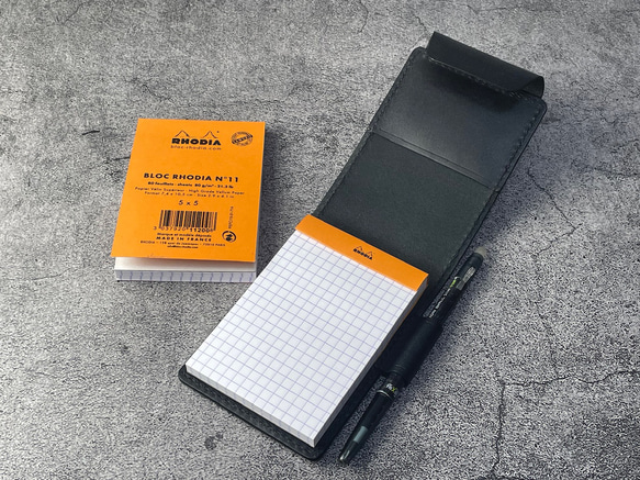 手縫】RHODIA(ロディア) メモ帳 No.11(A7)用ブラック黒色本革カバー