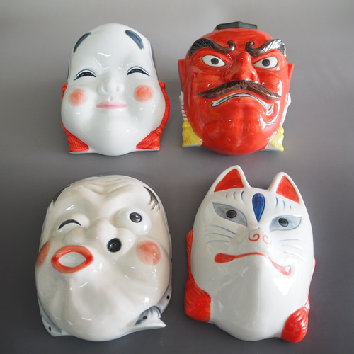 瀬戸焼 お面 天狗/狐/おかめ/ひょっとこ 壁掛け用 その他インテリア