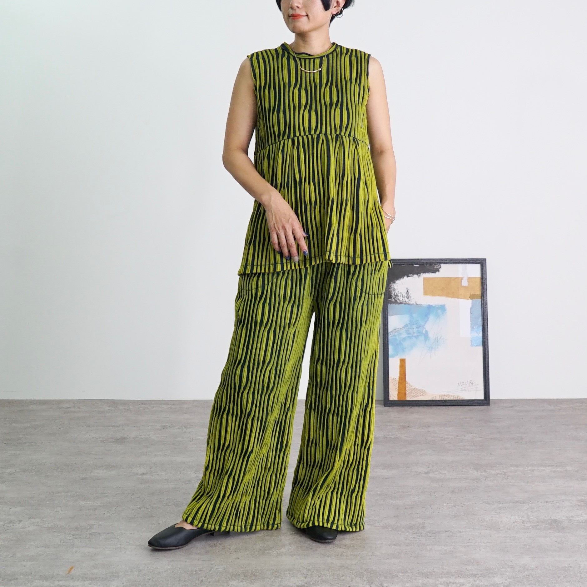 【セットアップ】3Dニットスリットノースリーブ+3Dニットワイドパンツ