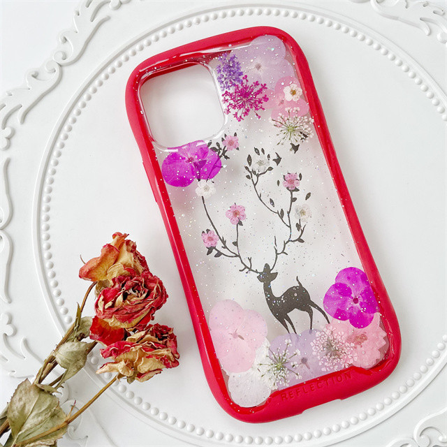 紫陽花と鹿iFace風押し花スマホケース、iPhone全機種対応、iPhone16、iPhone15、iPhone8
