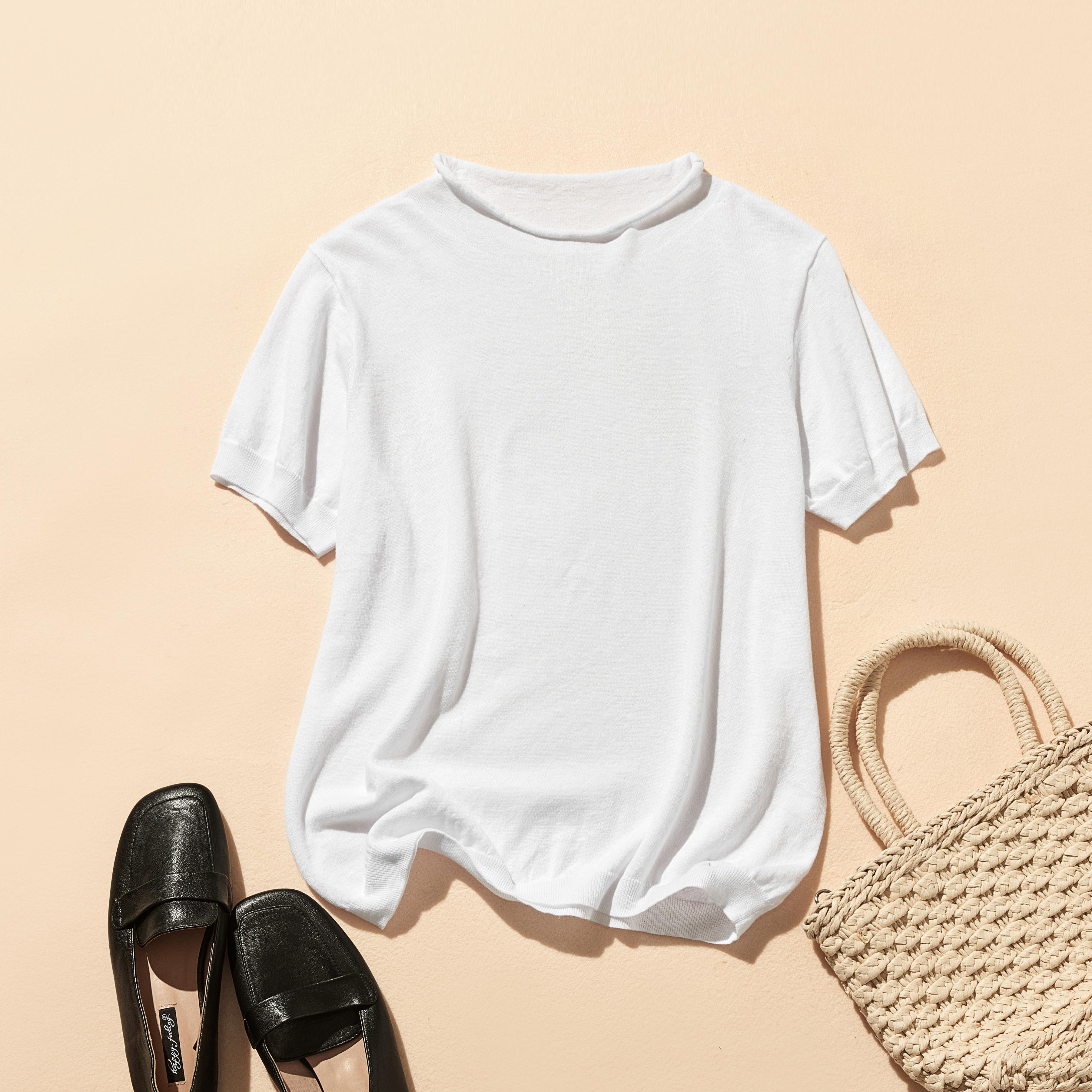 ★即納★夏の定番に！涼やか着回しニット　リネン コットン半袖トップス　ホワイト　250704-1