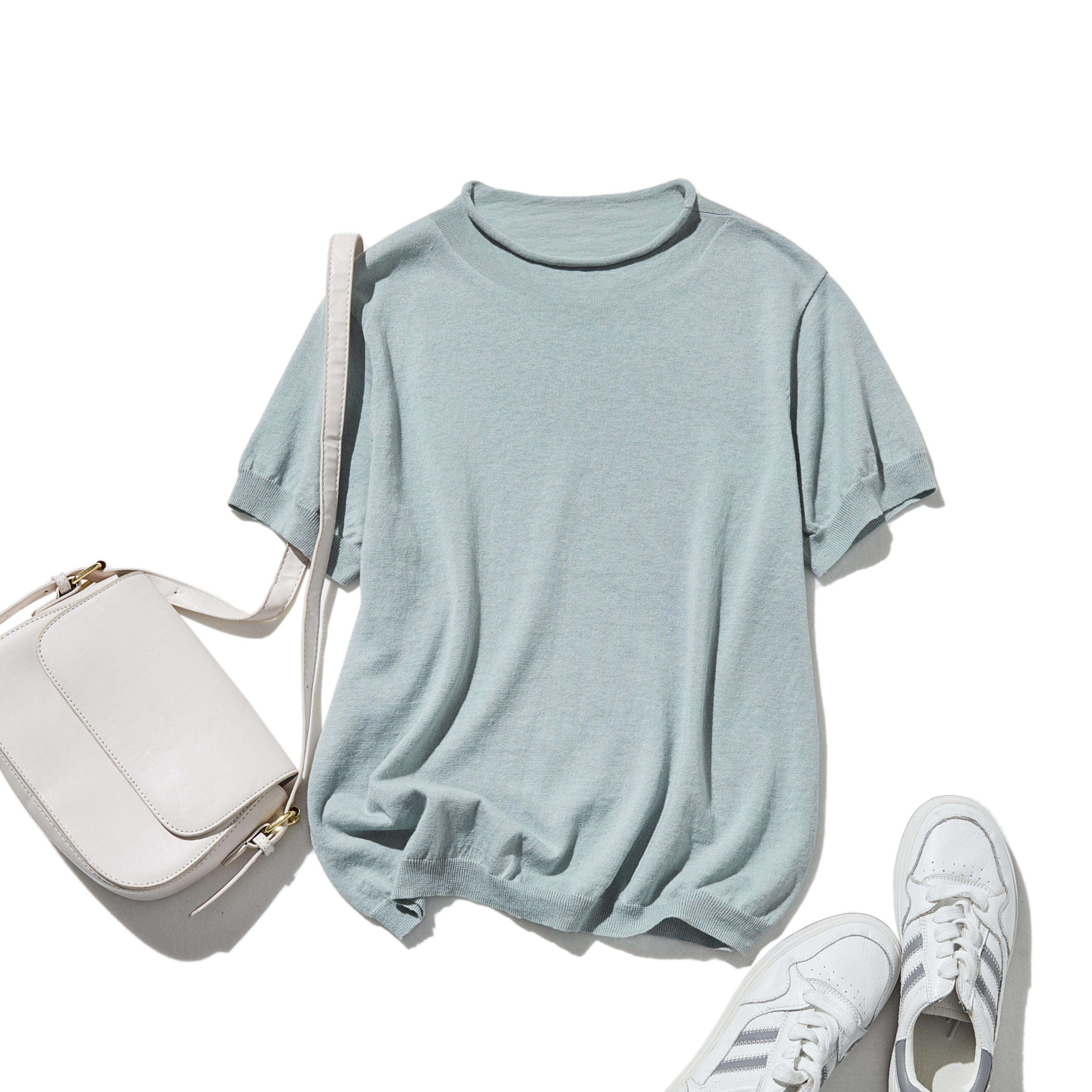 ★即納★夏の定番に！涼やか着回しニット　リネン コットン半袖トップス　薄緑　250704-3