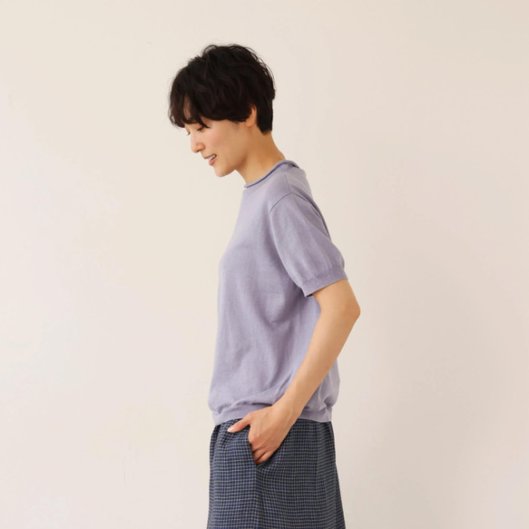 ★即納★夏の定番に！涼やか着回しニット　リネン コットン半袖トップス　明るく渋い青紫色　250704-4 4枚目の画像