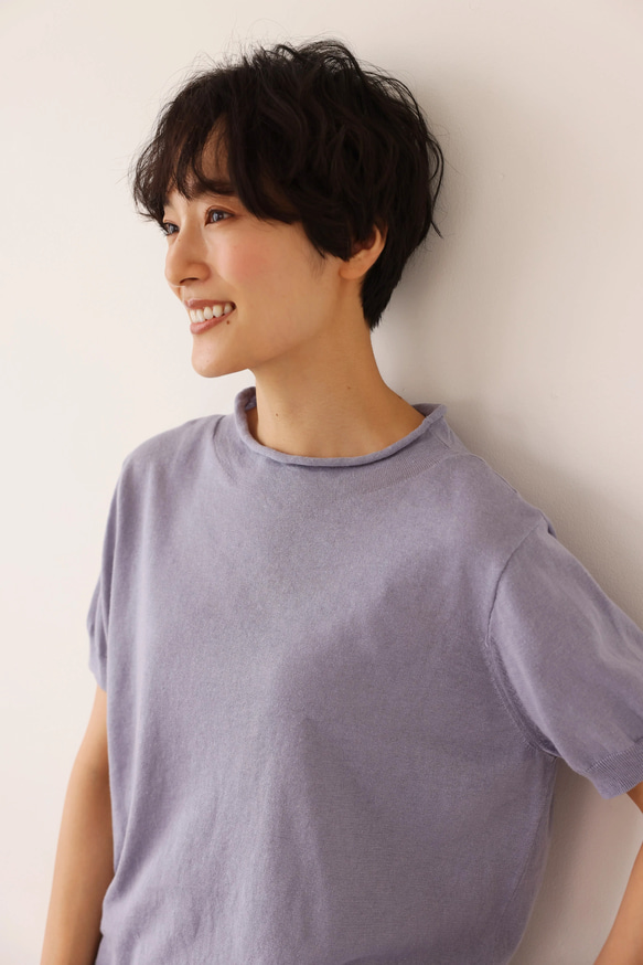 ★即納★夏の定番に！涼やか着回しニット　リネン コットン半袖トップス　明るく渋い青紫色　250704-4 6枚目の画像