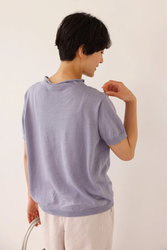 ★即納★夏の定番に！涼やか着回しニット　リネン コットン半袖トップス　明るく渋い青紫色　250704-4 10枚目の画像