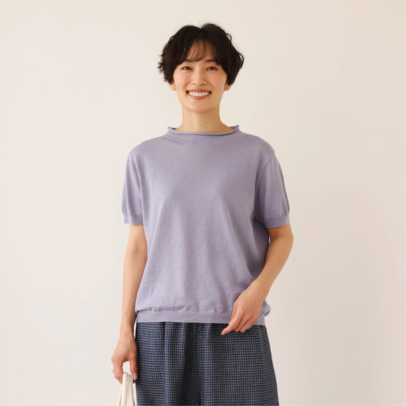 ★即納★夏の定番に！涼やか着回しニット　リネン コットン半袖トップス　明るく渋い青紫色　250704-4 1枚目の画像