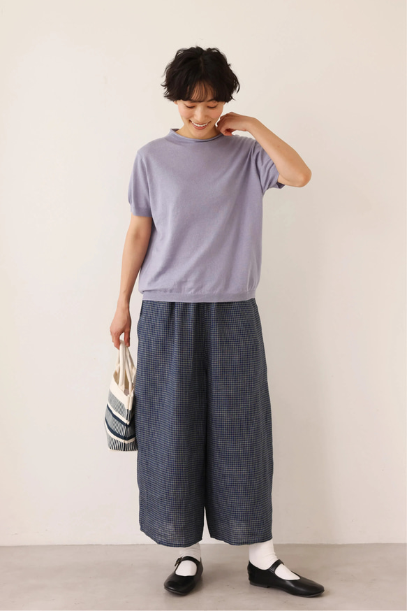 ★即納★夏の定番に！涼やか着回しニット　リネン コットン半袖トップス　明るく渋い青紫色　250704-4 8枚目の画像