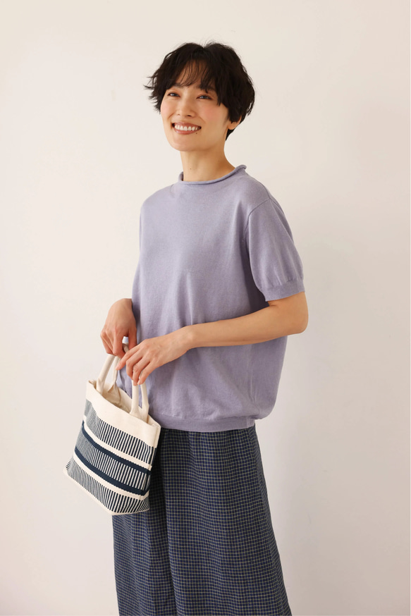 ★即納★夏の定番に！涼やか着回しニット　リネン コットン半袖トップス　明るく渋い青紫色　250704-4 5枚目の画像