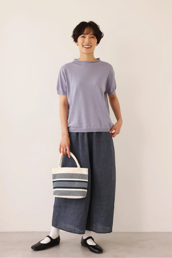 ★即納★夏の定番に！涼やか着回しニット　リネン コットン半袖トップス　明るく渋い青紫色　250704-4 9枚目の画像