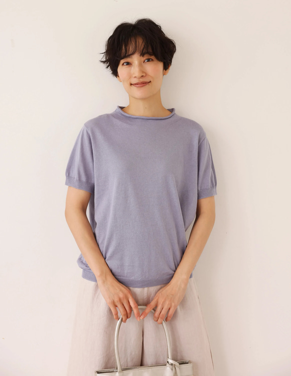 ★即納★夏の定番に！涼やか着回しニット　リネン コットン半袖トップス　明るく渋い青紫色　250704-4 3枚目の画像