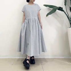 半袖サイドリボンワンピース　* Cotton リップル素材　紺と白のストライプ柄 * 5枚目の画像