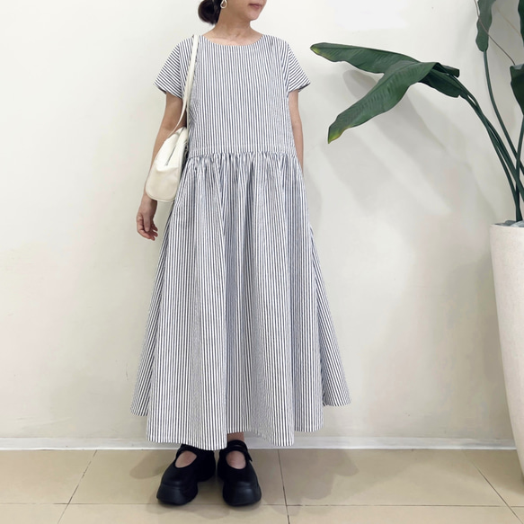 半袖サイドリボンワンピース　* Cotton リップル素材　紺と白のストライプ柄 * 3枚目の画像